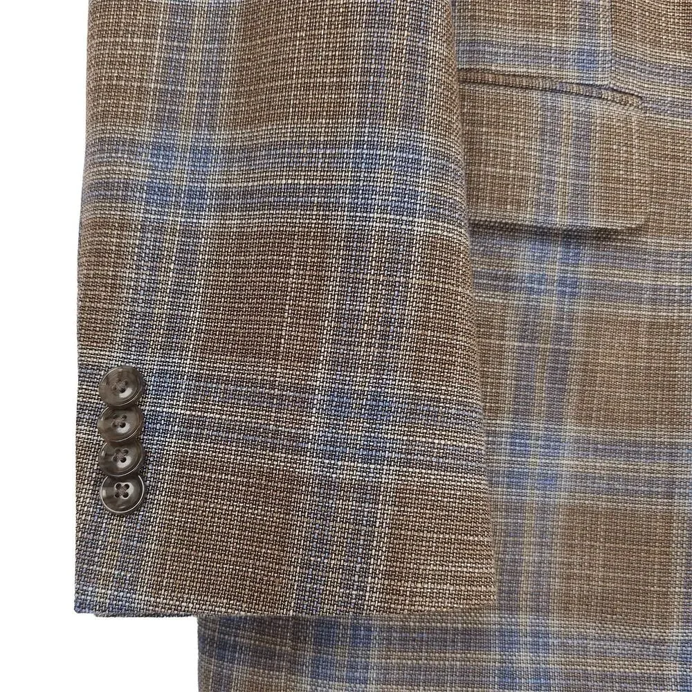 Tommy Hilfiger Mens Modern Fit Sport Coat 40L Tan Blue Plaid Stretch Basketweave